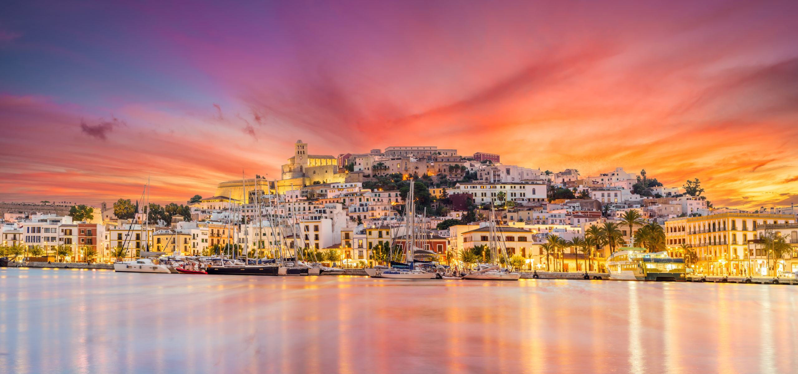 Landscape with Eivissa town at twilight time, Ibiza island, Spain